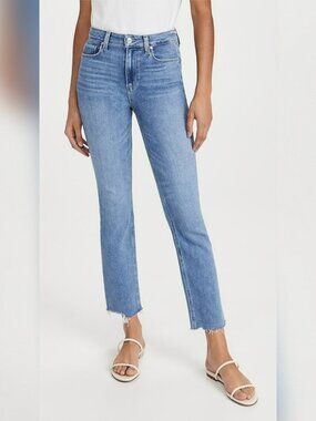 PAIGE Cindy Straight Leg Jeans Music Distressed Wash Raw Hem High Rise Size 27